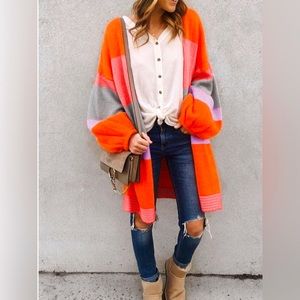 Orange W/Colorful Strips Rib Knitted Cardigan